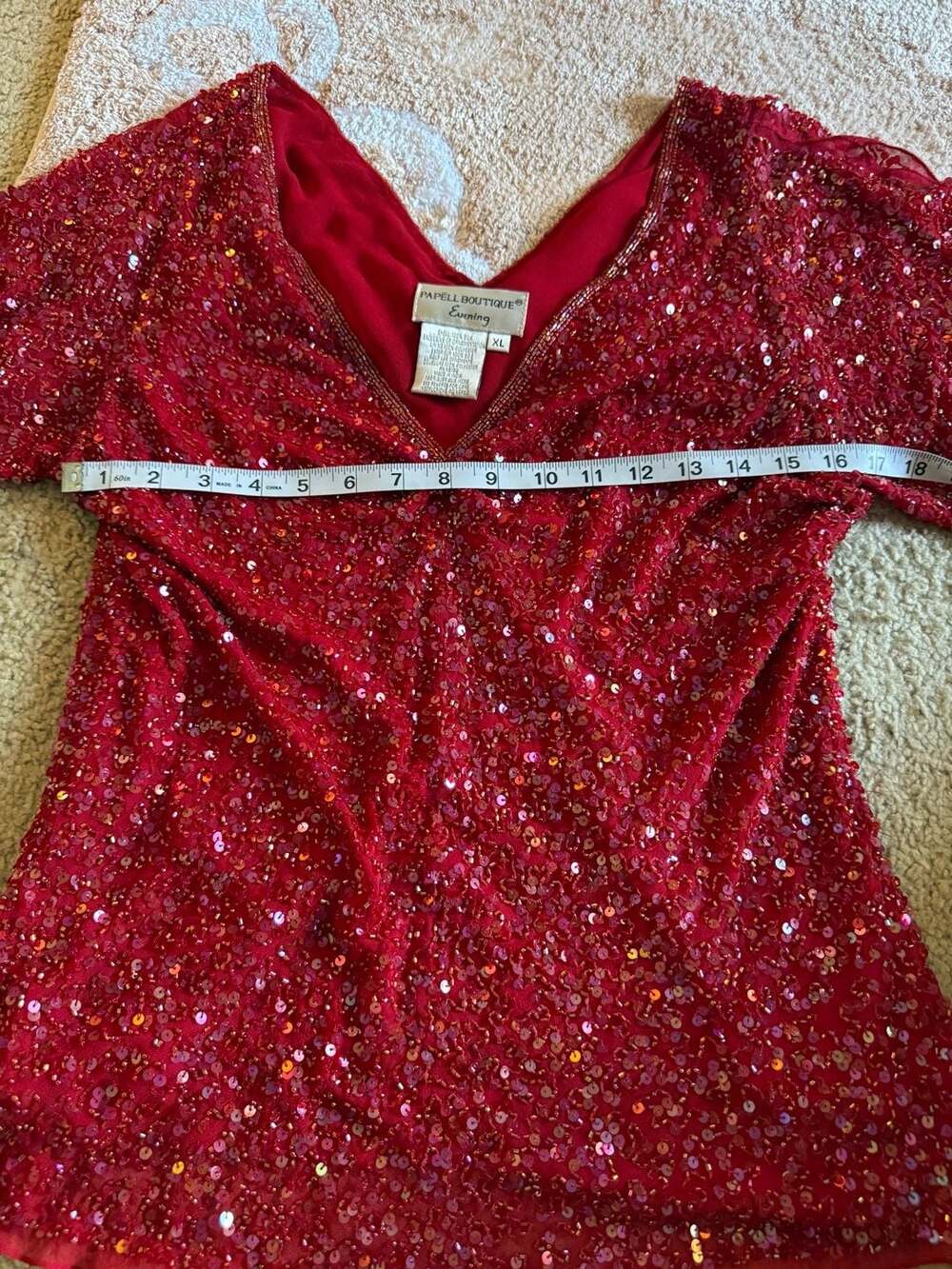 Papell Boutique Evening Red 100% Silk Sequin Beaded Blouse Top XL - Picture 7 of 13